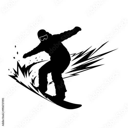 Snowboarder performs dynamic trick on mountain slope with speed and skill.