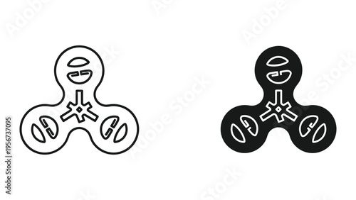 Two Hand Spinner Toy Icons: Outline and Solid Black - Vector Illustration