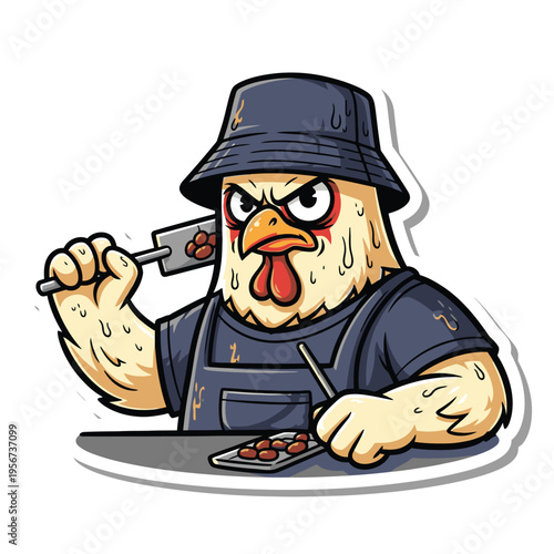 Angry cartoon chicken butcher with knife.