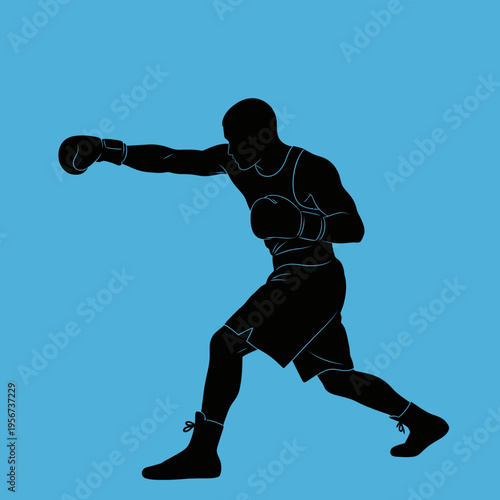 A boxer wearing gloves punches forward in a fighting stance on blue background