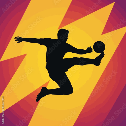 Man kicks ball in mid-air with lightning background illustration