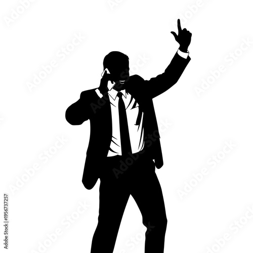 Businessman in suit talks on phone with raised hand.