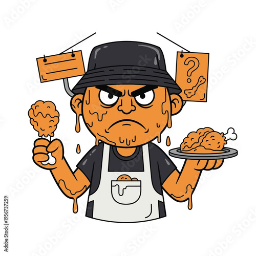 Cartoon chef holding fried chicken.
