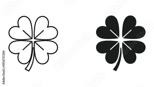 Four Leaf Clover Icon Set: Outline and Solid Fill - Symbol of Luck and Fortune