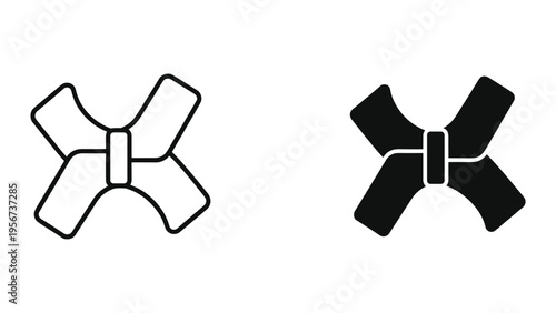 Bow Tie Icon Set: Line Art and Solid Silhouette, Isolated on White Background