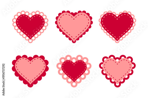 Set of paper or fabric red and pink heart shapes with laced borders. Templates of romantic Valentine day cards or patches with ruffles, stitched borders and gingham print. Vector flat illustration.
