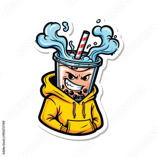 Angry cartoon soda cup character.