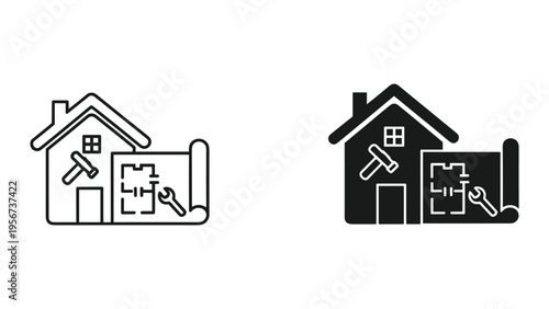 House Blueprint and Tools Icon - Home Renovation, Construction, Architecture, Design, Repair