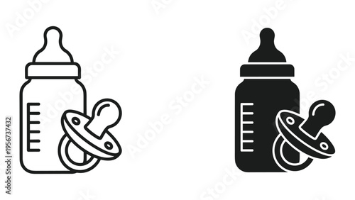 Baby Bottle and Pacifier Icons: Line Art and Silhouette for Newborn Care