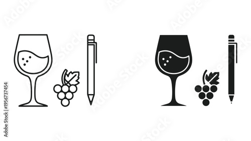 Wine Tasting Notes Icon: Wine Glass, Grapes, and Pen | Line and Solid Icons