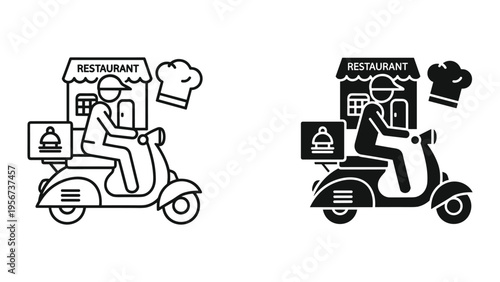 Restaurant Food Delivery Icon: Person on Scooter Delivering Meals with Chef Hat & Food Box