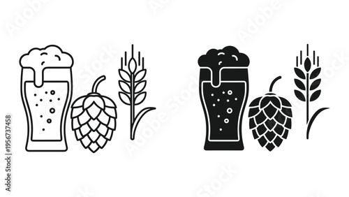 Beer Glass, Hop Cone, and Wheat Stalk Icons - Line Art and Silhouette Set