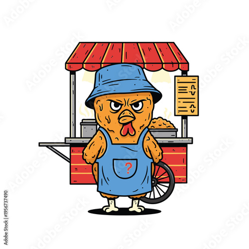 Cartoon chicken wearing blue apron 1.
