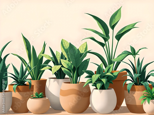 A collection of potted plants on a shelf against a beige backgroundplants in pots