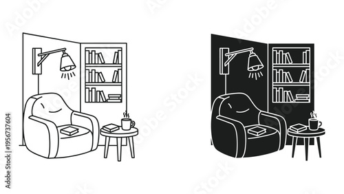 Cozy Reading Nook: Armchair, Bookshelf, Lamp, and Hot Drink