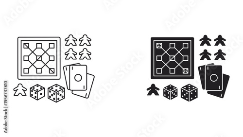 Board Game Components Icons: Dice, Cards, Game Board, and Pawns - Line and Silhouette