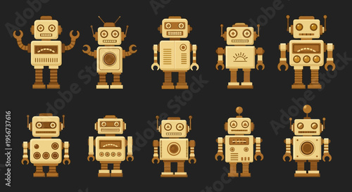 A collection of ten vintage-style cartoon robots with various designs and features on a dark background.