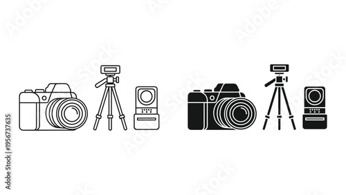 Photography Equipment Icons: DSLR Camera, Tripod, and Flash Unit - Line Art and Solid Fill