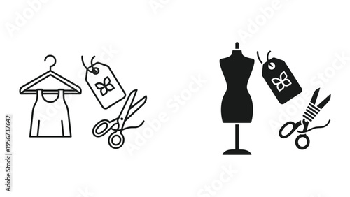 Fashion Design Icons: Mannequin, Hanger, Scissors, and Tags