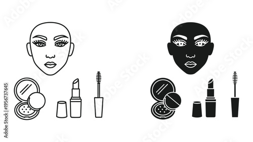 Beauty Makeup Icons: Face with Lipstick, Powder Compact, Mascara | Line Art and Silhouette