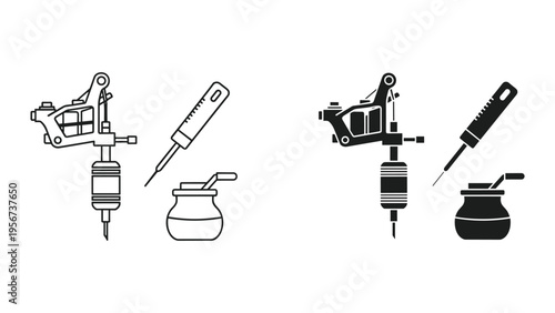 Tattoo Machine, Needle, and Ink Pot - Outline and Silhouette Icons for Tattooing
