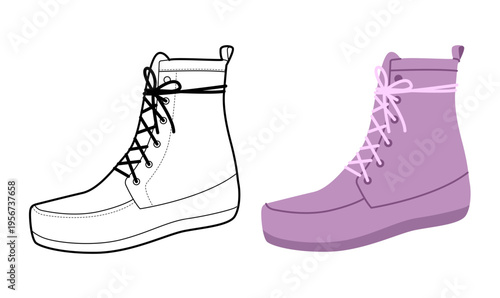 Purple lace-up platform ankle boot women flat plus line set. Chunky sole with front lacing for date night look. Technical fashion illustration CAD mockup mixed vector men unisex isolated chic style.