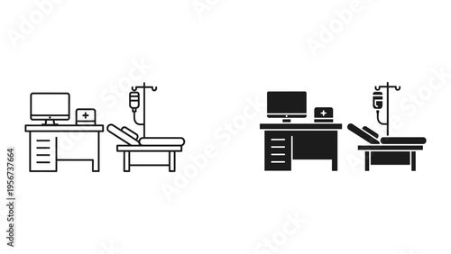 Medical Examination Room Icon Set: Doctor's Desk with Computer and Patient Bed with IV Drip