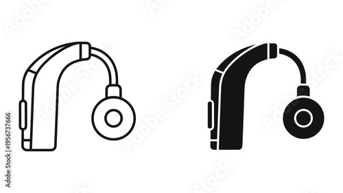 Hearing Aid Icon Set: Line Art and Silhouette - Medical Device for Hearing Loss