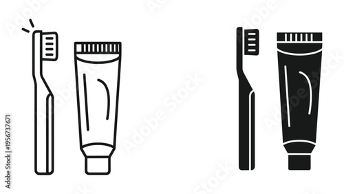 Toothbrush and Toothpaste Icons: Line Art and Silhouette for Dental Care and Hygiene
