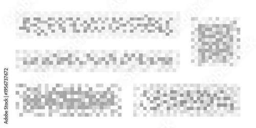 Set of gray censorship checkered textures on white background. Mosaic pixelated patterns for blurred text, image or another prohibited, banned or adult only content. Vector graphic illustration