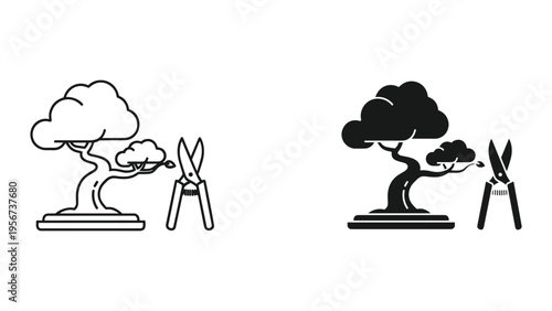 Bonsai Tree Pruning Icon: Silhouette and Outline with Gardening Shears