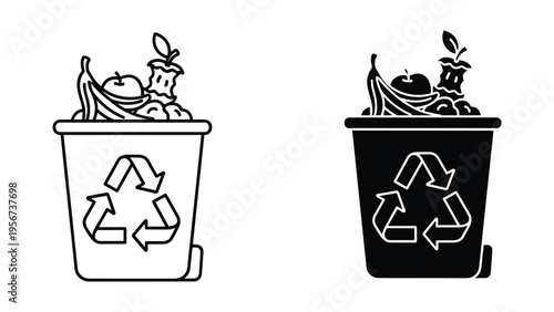 Food Waste Recycling Bin Icons: Black and White Line Art and Solid Fill with Compostable Material
