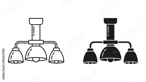 Modern Chandelier Icon Set: Line Art and Silhouette of Three-Light Fixture