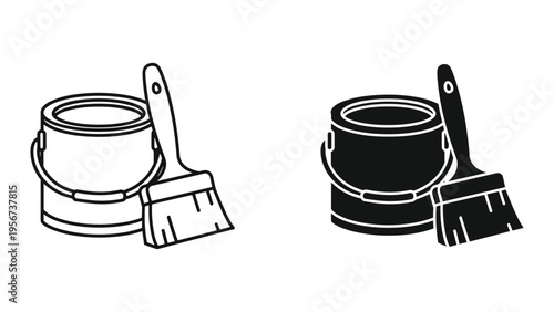 Paint bucket and brush icon set. Line art and silhouette graphic design for home improvement and DIY projects.