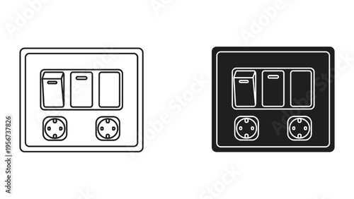 Modern Electrical Power Socket With Three Light Switches, Line Art and Silhouette Icons