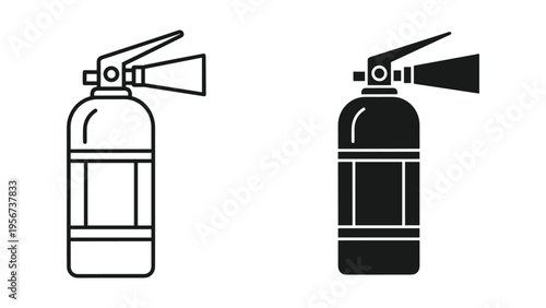 Fire Extinguisher Icon Set: Line Art and Solid Black, Safety Equipment Symbol