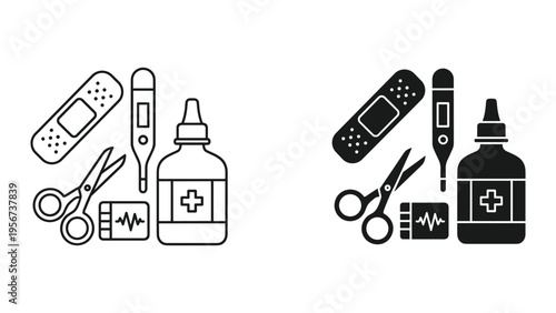 Medical First Aid Kit Icons: Bandage, Thermometer, Scissors, Medicine Bottle, EKG