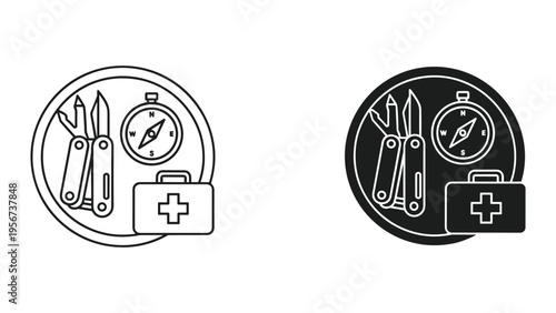 Outdoor Survival Kit Icons: Compass, Multi-tool, First Aid Kit