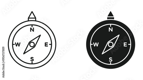 Compass Icon Set: Line Art and Solid Black Versions for Navigation and Direction