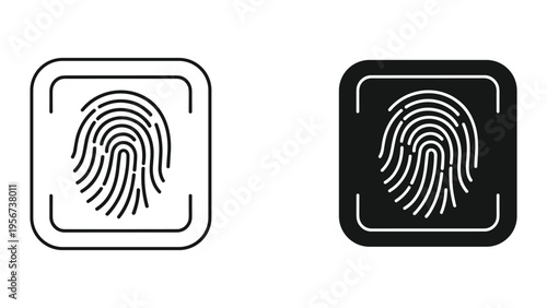 Fingerprint Icon Set: Black and White Digital Biometric Security and Identification