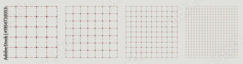 Square grid collection rounded dashed geometry, four samples blueprint style. Smooth junction lattice structure, interface layouts editorial compositions planning sheets digital technology graphics.
