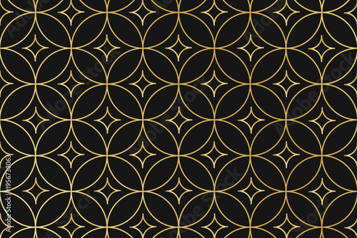 Art deco or boho pattern with repeated overlapped golden circles and bling shapes on black background. Luxury geometric print. Elegant minimalistic wallpaper. Golden ornament. Vector illustration.