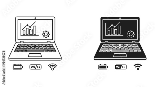 Laptop with analytics graph, gear icon, Wi-Fi, and battery symbols, line art and silhouette