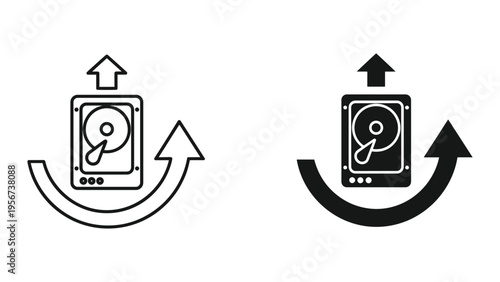 Hard drive data backup and restore icon with upload and circular arrow, symbol for cloud storage, transfer, and synchronization