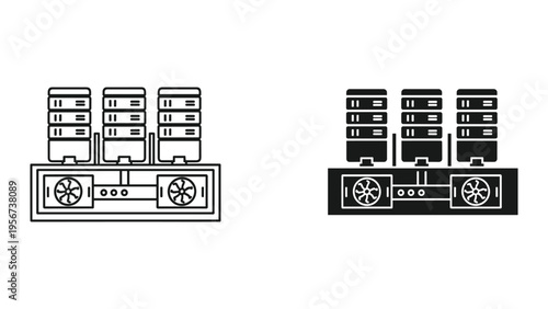 Server Rack with Cooling Fans and Network Equipment Icons