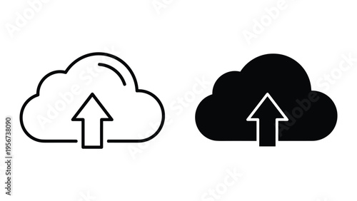 Cloud upload icon set, line and solid styles, representing data transfer and digital storage.