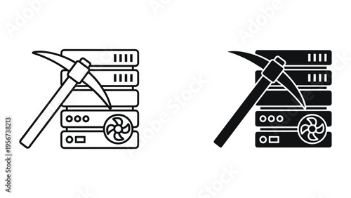 Cryptocurrency Mining Rig Icon with Pickaxe - Bitcoin and Blockchain Technology