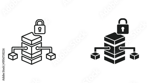 Secure Data Server Icon with Padlock and Network Connection - Icon Set