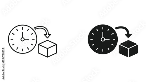 Time Delivery Icon Set: Clock with Arrow and Box - Line and Filled