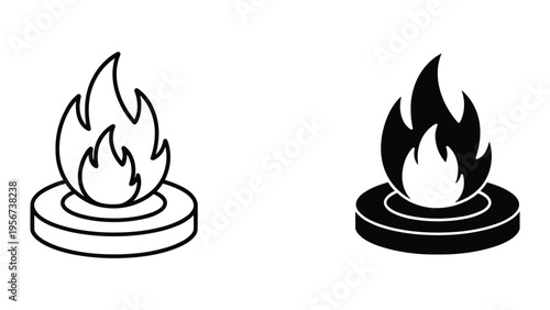 Fire Icon Set: Outline and Solid Black Flame Symbol on White Background